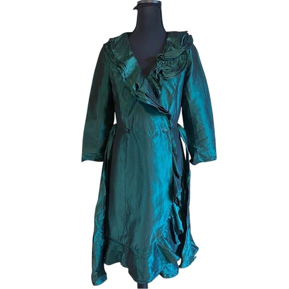 Teri Jon Rickie freeman Emerald Green 100% silk wrap Dress size 4 ruffle formal - Picture 4 of 13